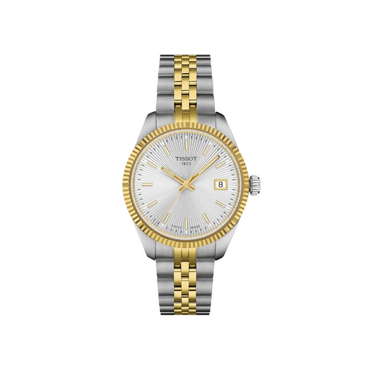 Tissot horloge met een kast in gele pvd-coating op staal, met een wijzerplaat in het zilver en een diameter van 34 mm