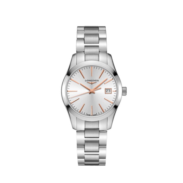 montre Longines avec un boîtier en acier, un cadran argent et un diamètre de 34 mm