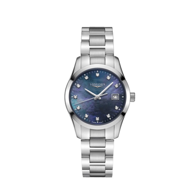 Longines horloge met een kast in staal, met een wijzerplaat in het blauw met briljant en een diameter van 34