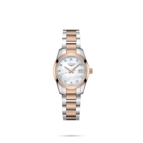 Longines horloge met een kast in rosé pvd-coating op staal, met een wijzerplaat in het parelmoer met  briljant en een diameter van 29.5 mm