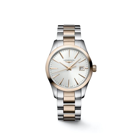 Longines horloge met een kast in rosé pvd-coating op staal, met een wijzerplaat in het zilver en een diameter van 34 mm