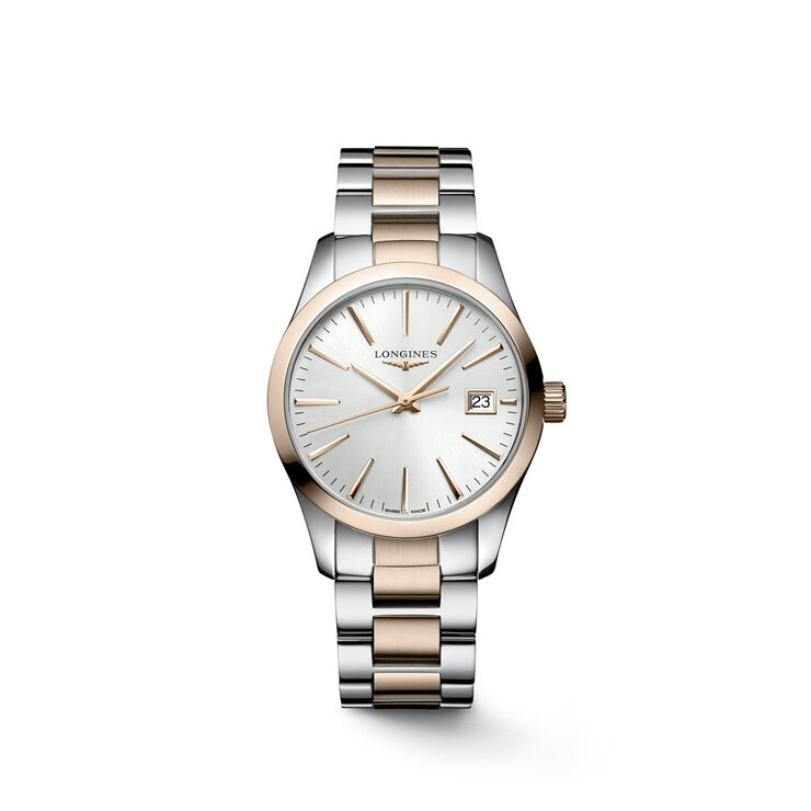 Longines horloge met een kast in rosé pvd-coating op staal, met een wijzerplaat in het zilver en een diameter van 34 mm
