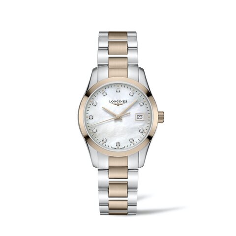 Longines horloge met een kast in rosé pvd-coating op staal, met een wijzerplaat in het parelmoer met  briljant en een diameter van 34 mm