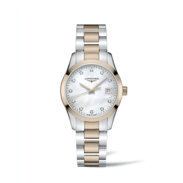 Longines horloge met een kast in rosé pvd-coating op staal, met een wijzerplaat in het parelmoer met  briljant en een diameter van 34 mm