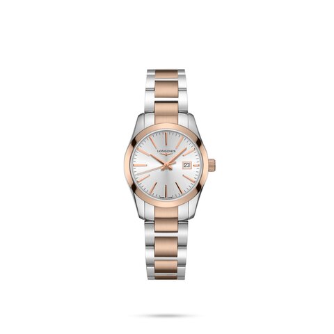 Longines horloge met een kast in rosé pvd-coating op staal, met een wijzerplaat in het zilver en een diameter van 29.5 mm