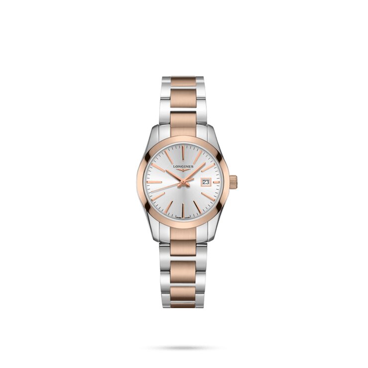 Longines horloge met een kast in rosé pvd-coating op staal, met een wijzerplaat in het zilver en een diameter van 29.5 mm