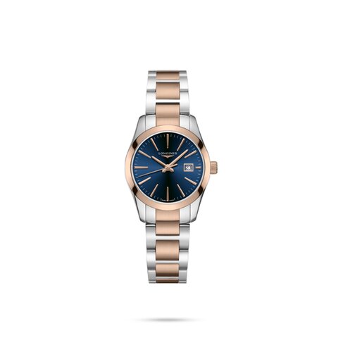 Longines horloge met een kast in rosé pvd-coating op staal, met een wijzerplaat in het blauw en een diameter van 29.5 mm