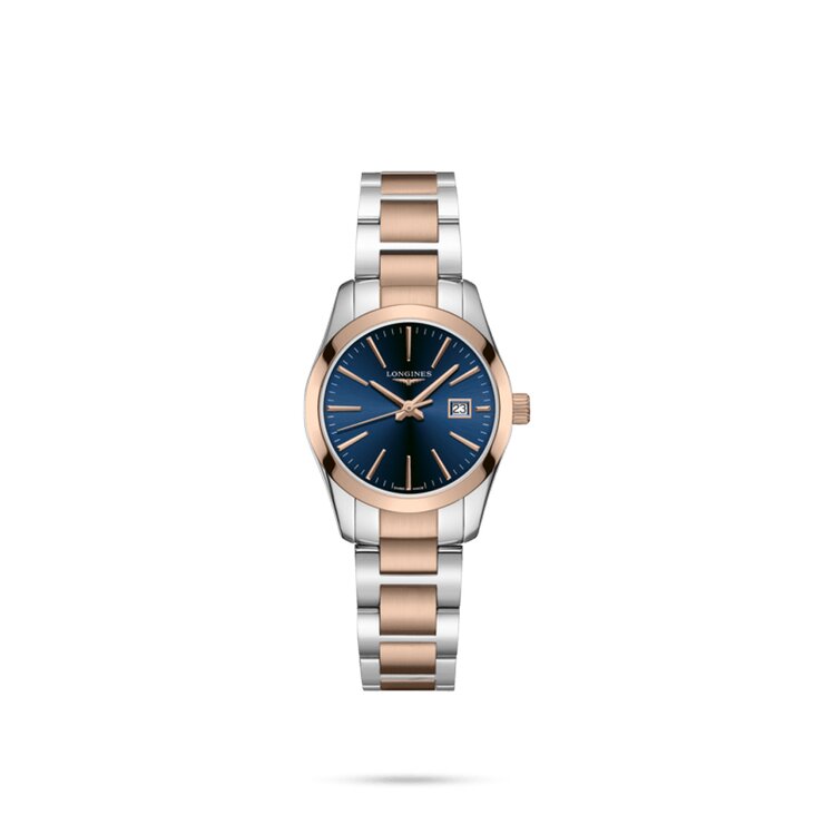 Longines horloge met een kast in rosé pvd-coating op staal, met een wijzerplaat in het blauw en een diameter van 29.5 mm