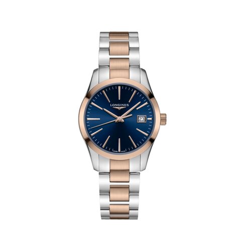 Longines horloge met een kast in rosé pvd-coating op staal, met een wijzerplaat in het blauw en een diameter van 34 mm