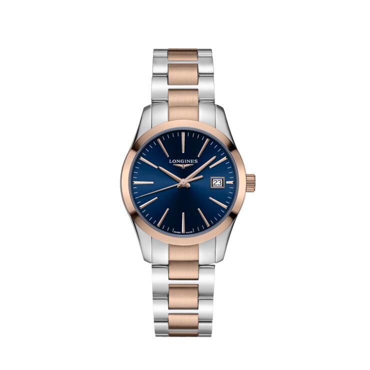 Longines horloge met een kast in rosé pvd-coating op staal, met een wijzerplaat in het blauw en een diameter van 34 mm