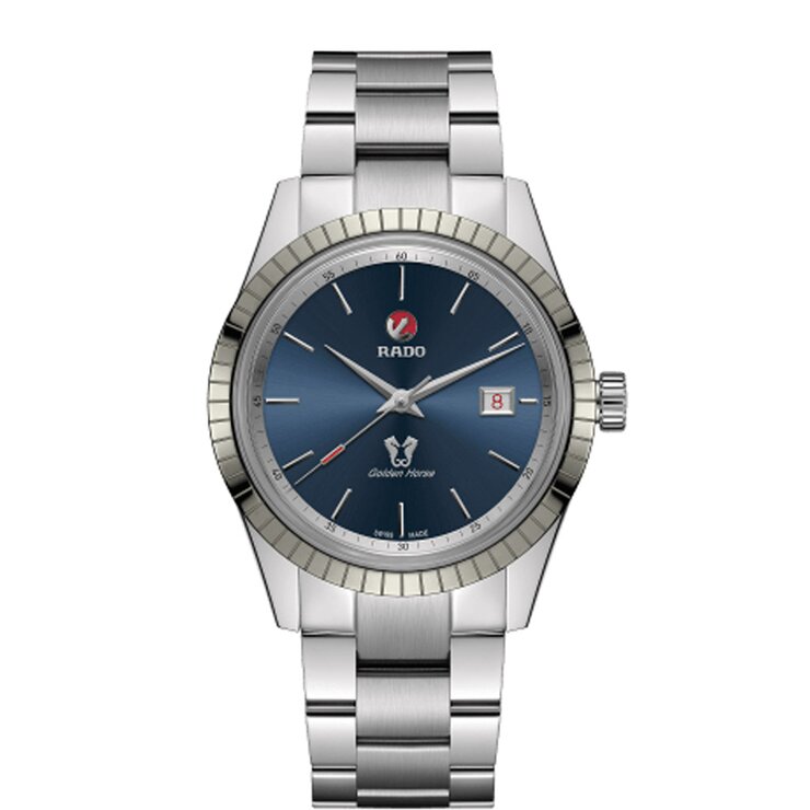 Rado horloge met een kast in staal, met een wijzerplaat in het blauw en een diameter van 42