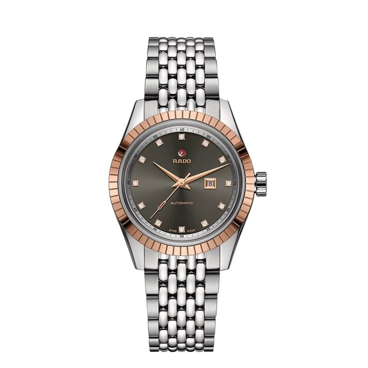 Rado horloge met een kast in staal, met een wijzerplaat in het grijs met briljant en een diameter van 35