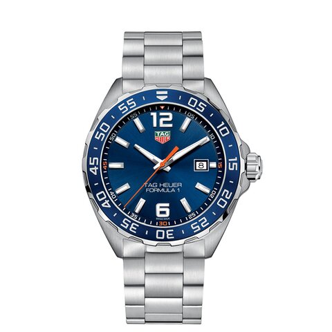 montre TAG Heuer avec un boîtier en acier, un cadran bleu et un diamètre de 43 mm