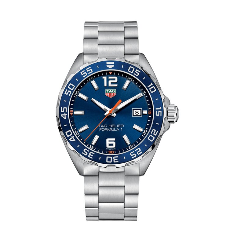 TAG Heuer horloge met een kast in staal, met een wijzerplaat in het blauw en een diameter van 43