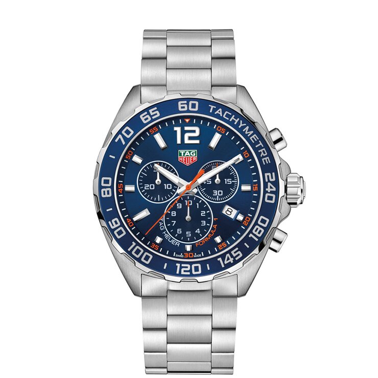 TAG Heuer horloge met een kast in staal, met een wijzerplaat in het blauw en een diameter van 43