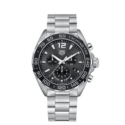montre TAG Heuer avec un boîtier en acier, un cadran gris et un diamètre de 43 mm
