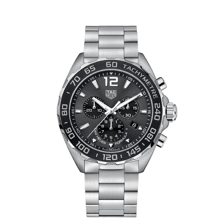 TAG Heuer horloge met een kast in staal, met een wijzerplaat in het grijs en een diameter van 43