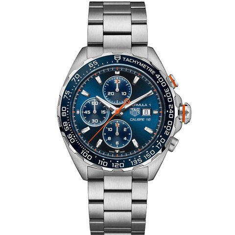montre TAG Heuer avec un boîtier en acier, un cadran bleu et un diamètre de 44 mm