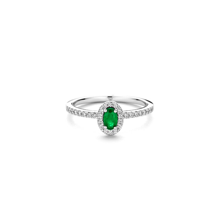 bague Casteur by Casteur en or blanc 18 ct avec émeraude ovale entouré de briljants de 0,21 karaat
