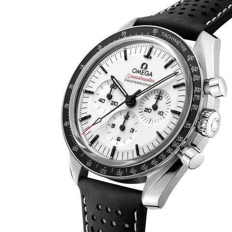 Omega horloge met een kast in staal, met een wijzerplaat in het wit en een diameter van 42 mm