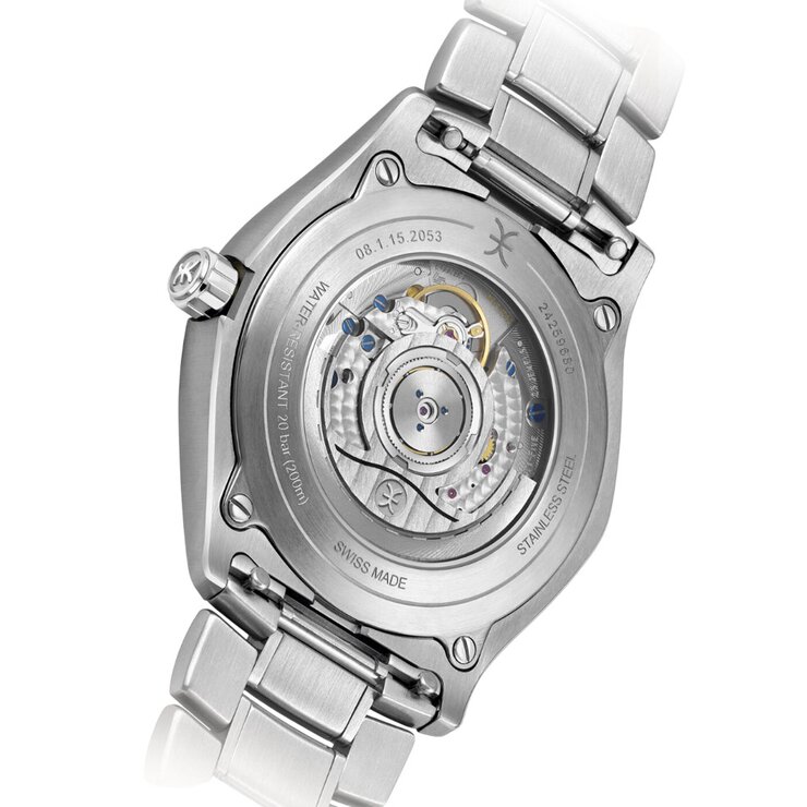 Ebel horloge met een kast in keramiek op staal, met een wijzerplaat in het blauw en een diameter van 42 mm