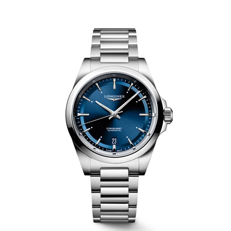 montre Longines avec un boîtier en acier, un cadran bleu et un diamètre de 38