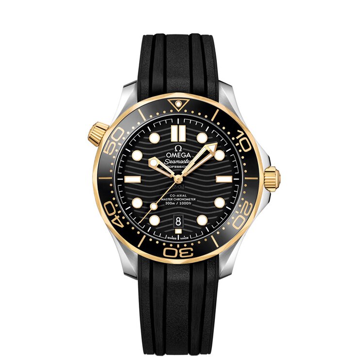 Omega horloge met een kast in geel goud op staal, met een wijzerplaat in het zwart en een diameter van 42