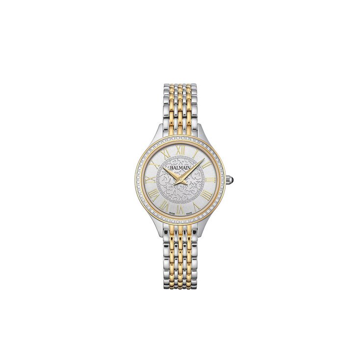 Balmain horloge met een kast in gele pvd-coating op staal, met een wijzerplaat in het zilver en een diameter van 29