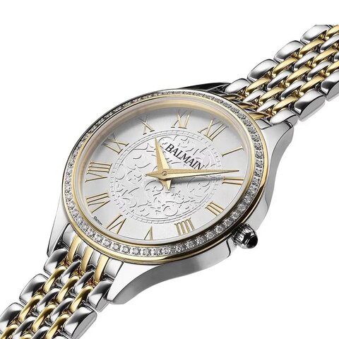 Balmain horloge met een kast in gele pvd-coating op staal, met een wijzerplaat in het zilver en een diameter van 29 mm