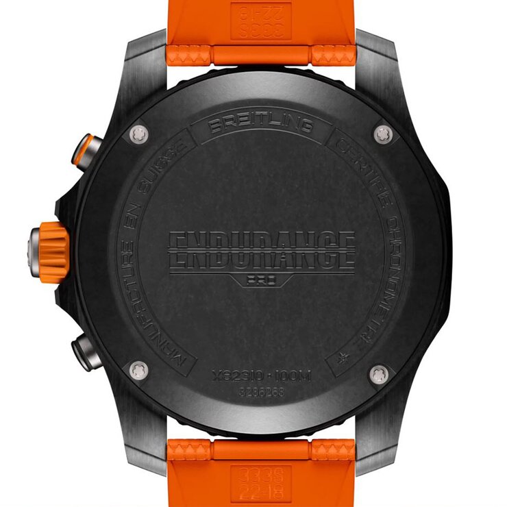Breitling horloge met een kast in breitlight, met een wijzerplaat in het zwart en een diameter van 44