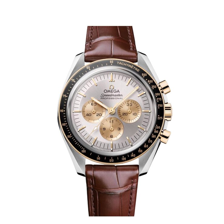 Omega horloge met een kast in geel goud op staal, met een wijzerplaat in het zilver en een diameter van 42 mm