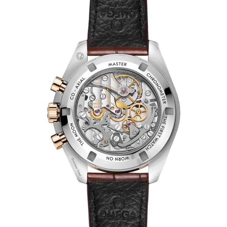 Omega horloge met een kast in geel goud op staal, met een wijzerplaat in het zilver en een diameter van 42