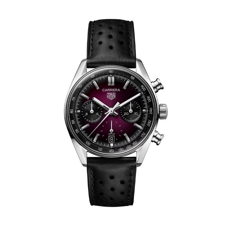 TAG Heuer horloge met een kast in staal, met een wijzerplaat in het paars en een diameter van 39