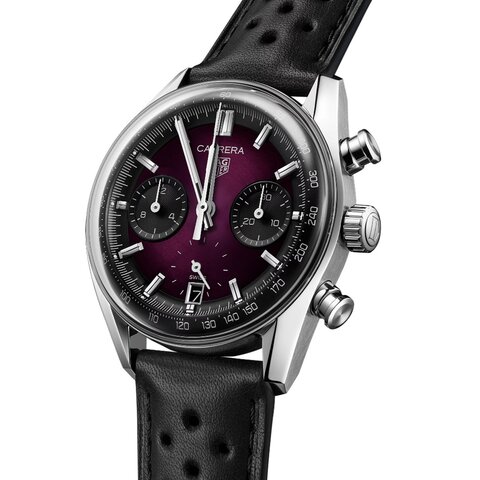 TAG Heuer horloge met een kast in staal, met een wijzerplaat in het paars en een diameter van 39 mm