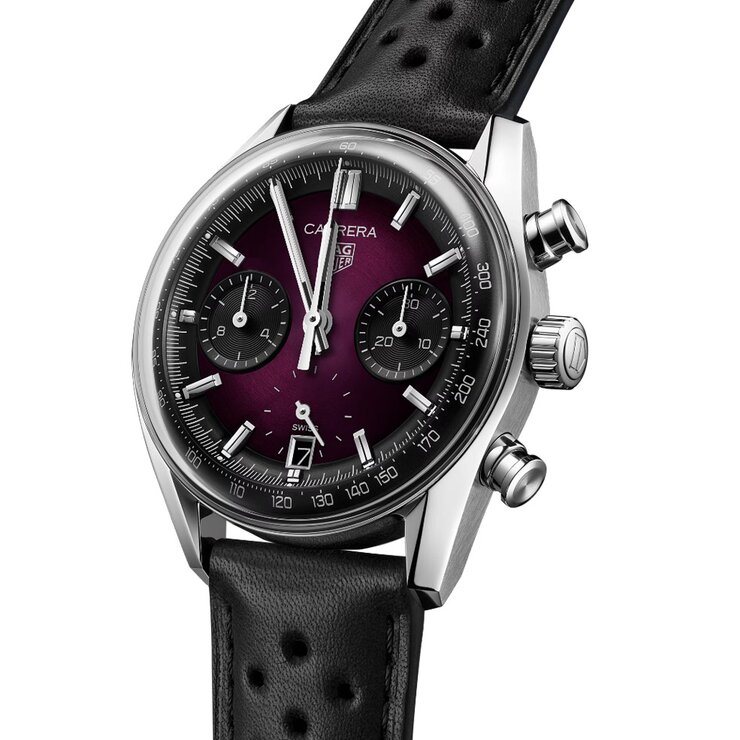 TAG Heuer horloge met een kast in staal, met een wijzerplaat in het paars en een diameter van 39