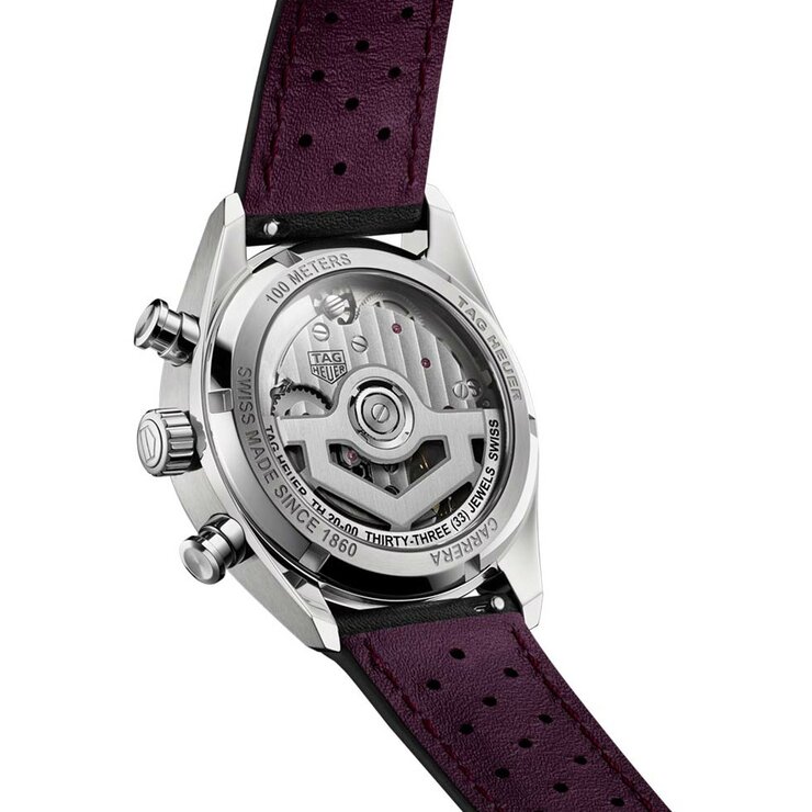 TAG Heuer horloge met een kast in staal, met een wijzerplaat in het paars en een diameter van 39