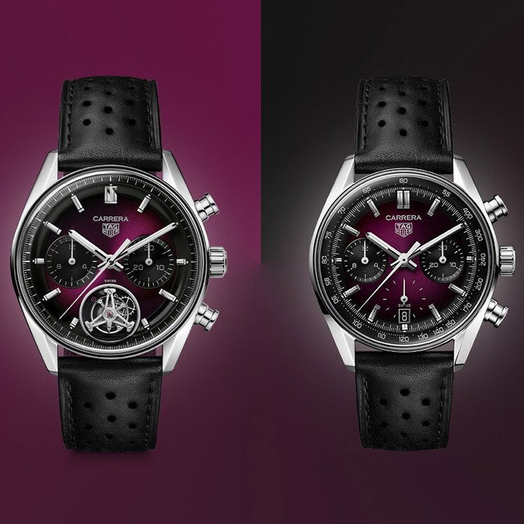 TAG Heuer horloge met een kast in staal, met een wijzerplaat in het paars en een diameter van 39