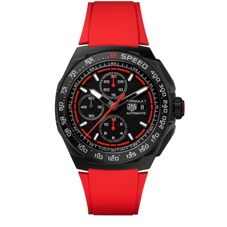 TAG Heuer horloge met een kast in titanium, met een wijzerplaat in het zwart en een diameter van 44