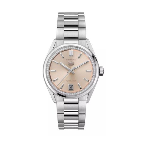 montre TAG Heuer avec un boîtier en acier, un cadran roze avec brilliant et un diamètre de 36 mm