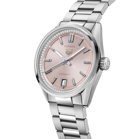 TAG Heuer horloge met een kast in staal, met een wijzerplaat in het roze met briljant en een diameter van 36 mm