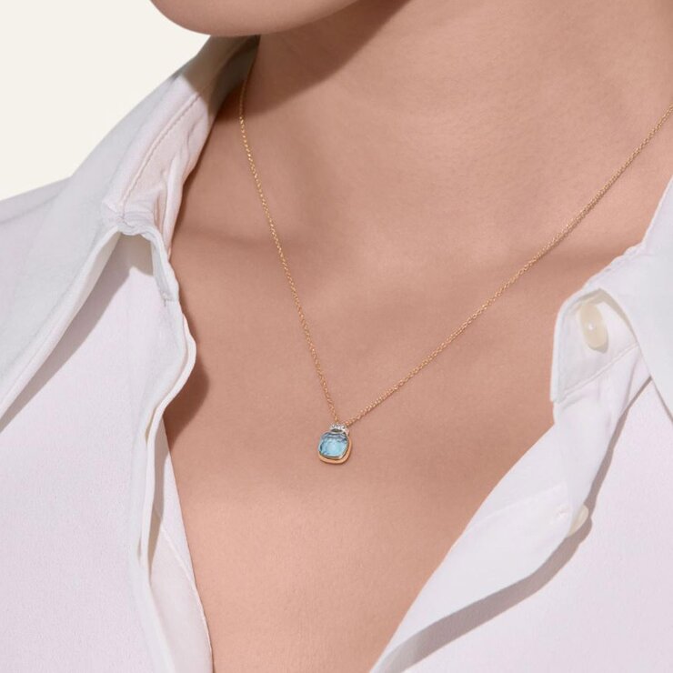 Pomellato ketting in rosé goud 18kt met topaas blauw omringd door briljanten van 0,02 karaat