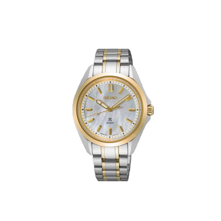 Seiko horloge met een kast in gele pvd-coating op staal, met een wijzerplaat in het parelmoer en een diameter van 34 mm