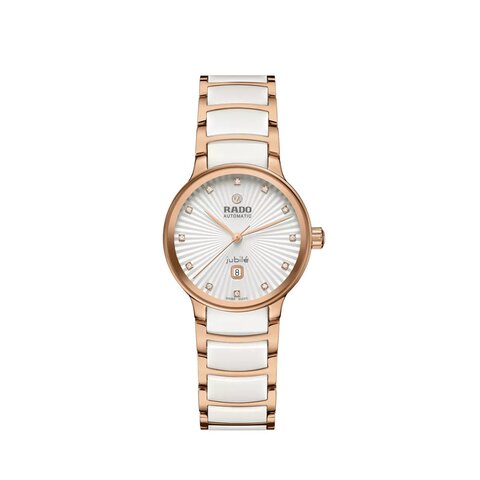 Rado horloge met een kast in rosé pvd-coating, met een wijzerplaat in het wit met  briljant en een diameter van 30.5 mm