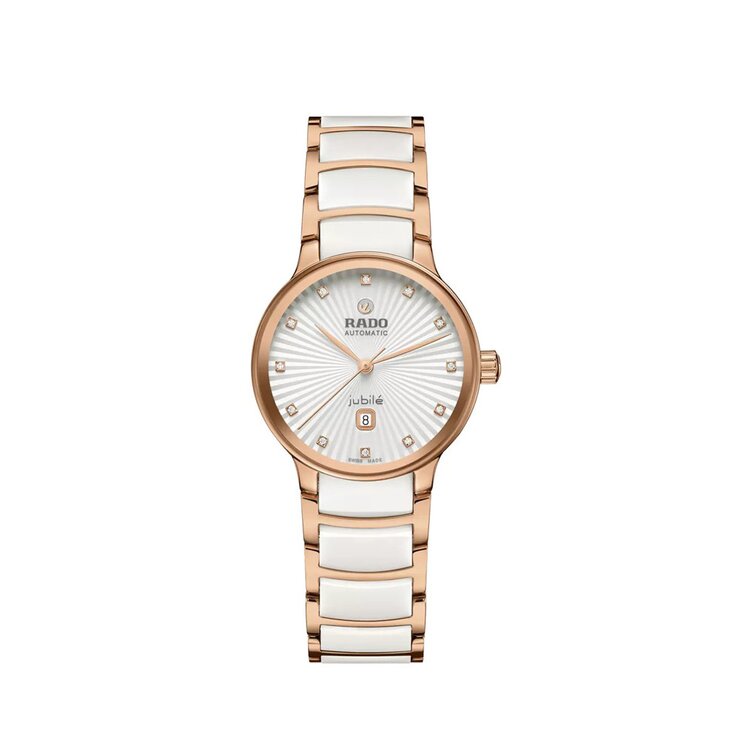 Rado horloge met een kast in rosé pvd-coating, met een wijzerplaat in het wit met  briljant en een diameter van 30,5
