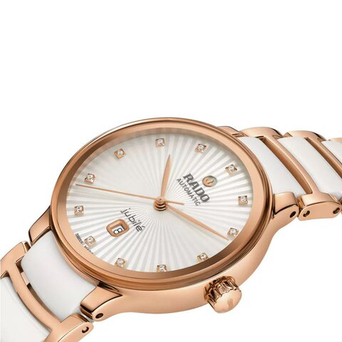 Rado horloge met een kast in rosé pvd-coating, met een wijzerplaat in het wit met  briljant en een diameter van 30.5 mm