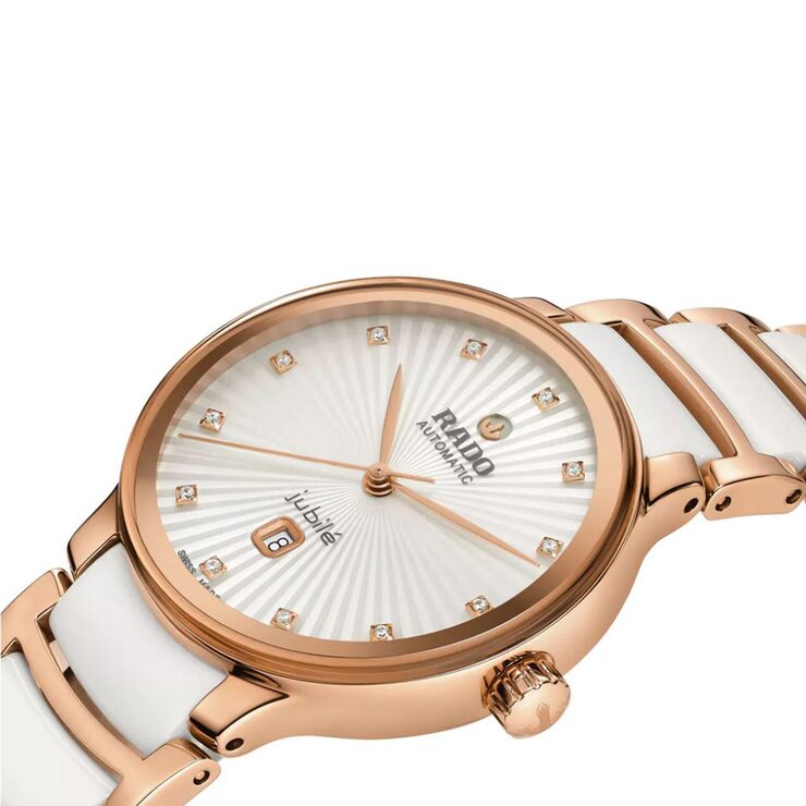 Rado horloge met een kast in rosé pvd-coating, met een wijzerplaat in het wit met  briljant en een diameter van 30,5
