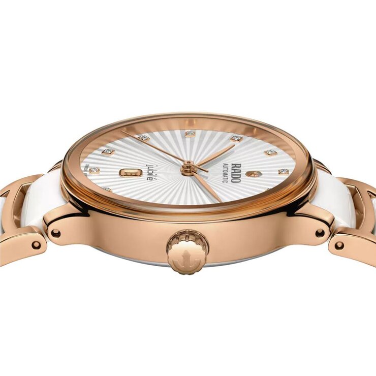 Rado horloge met een kast in rosé pvd-coating, met een wijzerplaat in het wit met  briljant en een diameter van 30,5