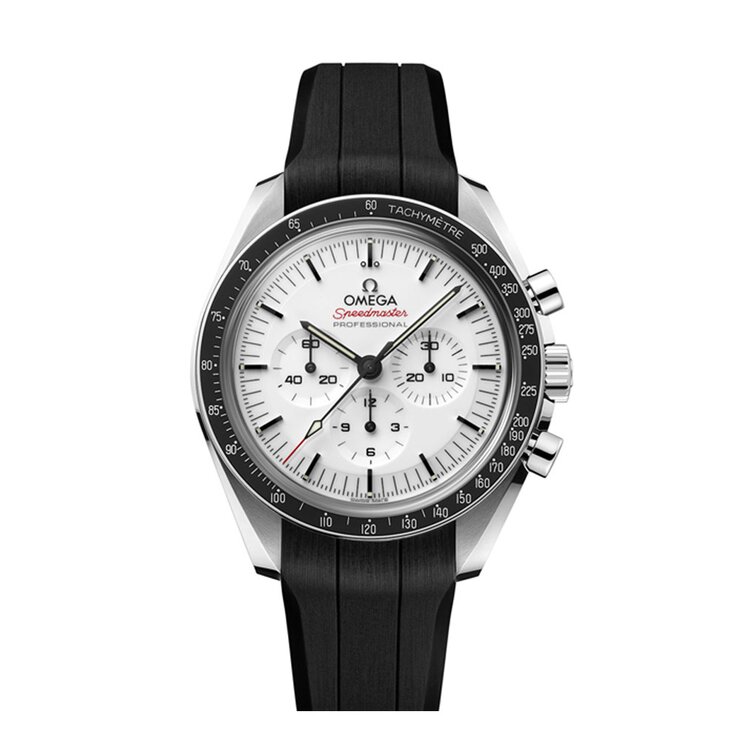 Omega horloge met een kast in staal, met een wijzerplaat in het wit en een diameter van 42 mm