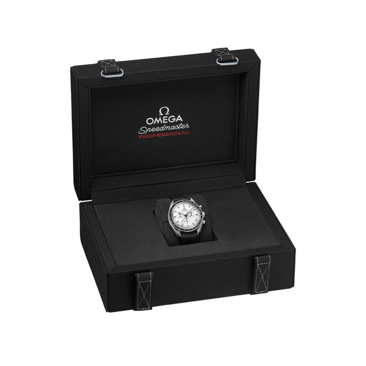 Omega horloge met een kast in staal, met een wijzerplaat in het wit en een diameter van 42 mm