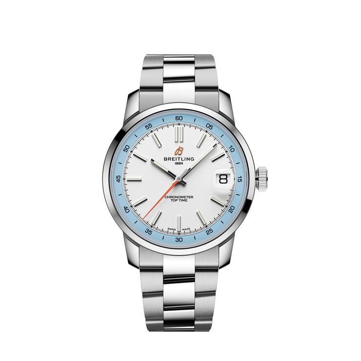 Breitling horloge met een kast in staal, met een wijzerplaat in het wit en een diameter van 38